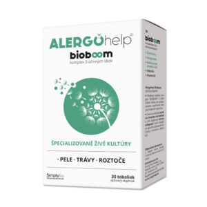 Balenie ALERGOHelp BioBoom 30 kapsúl má zeleno-biely dizajn s púpavou a slovenským textom o probiotikách a živých kultúrach.