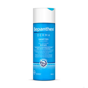 200ml fľaša Bepanthen DERMA jemného sprchového gélu na suchú a citlivú pokožku, s opisom v slovenčine na etikete.