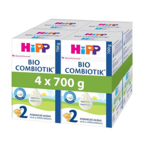 HiPP 2 Bio Combiotik dojčenská výživa, balenie štyroch 700g boxov spojených zeleným pásom s nápisom 4 x 700 g.