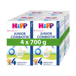Štyri balenia HiPP 4 JUNIOR Combiotik pre deti od 2 rokov (4x700g), zviazané zeleným pásom s označením celkovej hmotnosti.