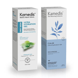 Dve krabičky Kamedis CALM ULTRA hydratačný gél 100 ml, jedna na takú pokožku, druhá Calm, s botanickými ilustráciami vpredu.