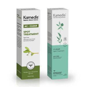 Dve krabičky Kamedis CLEAR Spot Treatment gél 22ml stoja vedľa seba v zelenej a bielej škatuľke s rastlinnými motívmi.