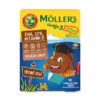 Möller´s Omega-3 Želé rybičky Cola, 45 ks, DHA, EPA a vitamín D; na obale kreslená rybka v čiapke a ikony zdravého mozgu.