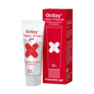 30ml tuba a škatuľa Octizy 1mg/g + 10mg/g gél na rany, červený dizajn s bielym krížom, viditeľné zloženie a dávkovanie.