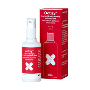 Biela fľaša s rozprašovačom "Octizy 1mg/g + 20mg/g dermálny roztok na rany 100ml" vedľa červenej krabičky s bielym X a českými údajmi.
