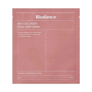 Ružový obal s nápisom Biodance Bio kolagénová maska 34g, na prednej strane sú uvedené informácie o obsahu kolagénu.