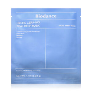 Modrý obal Biodance HYDRO CERA-NOL hydratačná pleťová maska 34g s údajmi o zložení, vlastnostiach a hmotnosti na etikete.