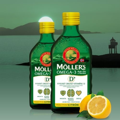 Möller´s Omega-3 Rybí olej D+ s citrónovou príchuťou výhodné darčekové balenie s 2 fľaštičkami