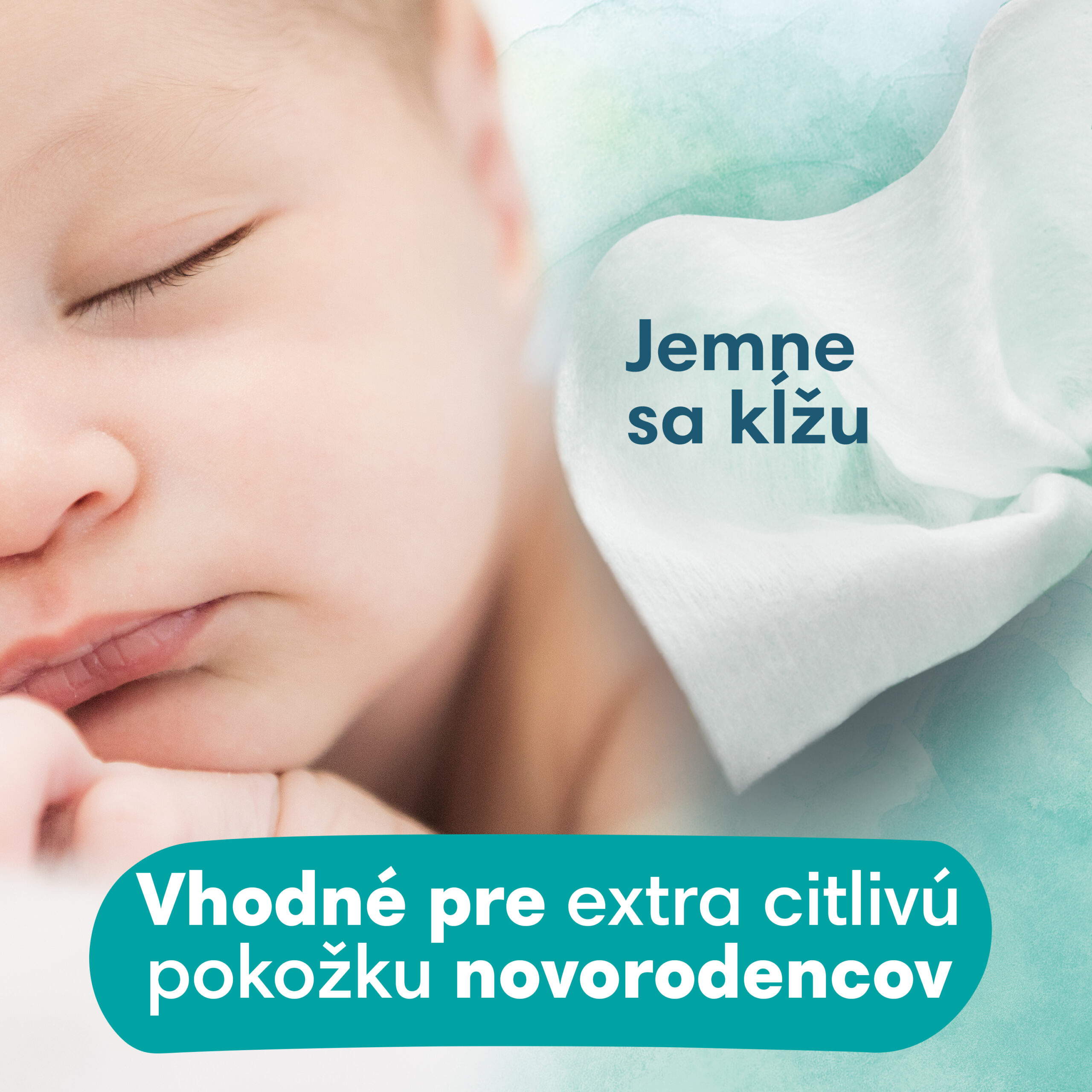 Novorodenec leží vedľa bielej obrúsky vedľa výrobku Pampers Harmonie New Baby 4x46ks s popisom v slovenčine.