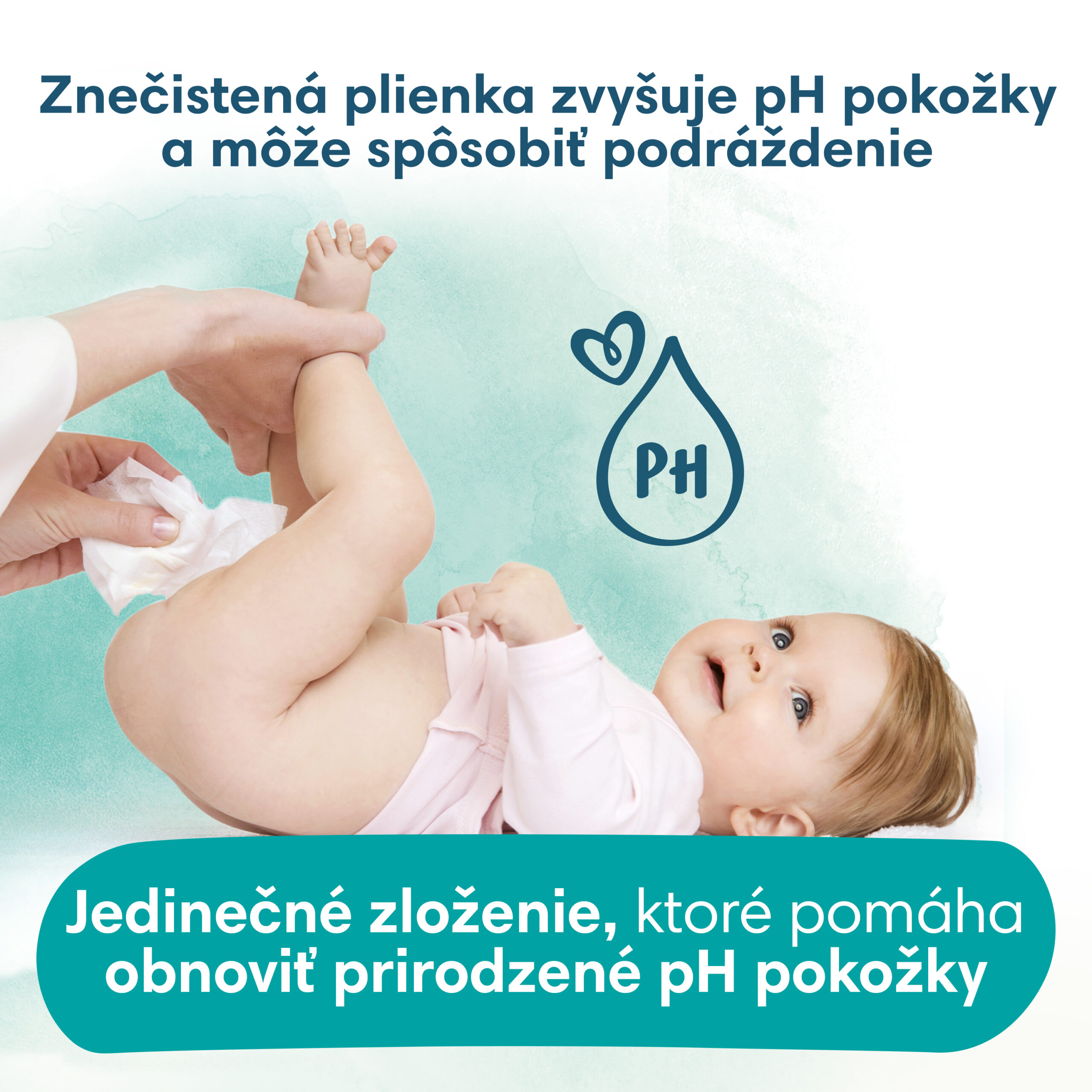Dieťa leží na prebaľovacej podložke, dospelý mení plienku. Slovenský text informuje o Pampers vlhčené obrúsky Harmonie New Baby 4x46ks, ktoré pomáhajú obnovovať prirodzené pH pokožky.