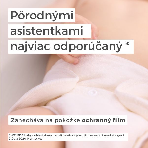Weleda nechtíkový dojčenský krém na zapareniny, bez parfumácie odporúčajú aj pôrodné asistentky Bábätko zabalené v svetlom uteráku, slovenský text predstavuje WELEDA nechtíkový krém na zapareniny, bez parfumácie ako produkt odporúčaný pôrodnými asistentkami.