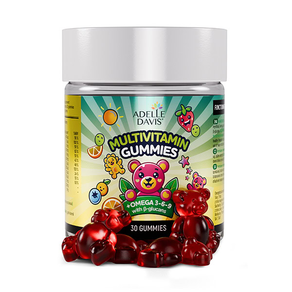 Nádoba ADELLE DAVIS Multivitamín GUMMIES+OMEGA+Betaglukan, pestrý obal, 30 červených gumíkov s Omega 3-6-9 a betaglukánmi.