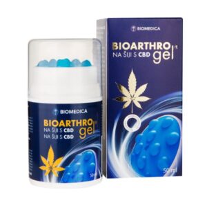 50ml balenie Biomedica BIOARTHRO gél na šiju s CBD, modrý dizajn, motív listu konope a značka Biomedica na obale.