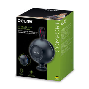 Krabica Beurer masážnej pištole MG 101 SensorBoost s vyobrazením prístroja, popismi na zeleno-čiernom pozadí, nápis COMFORT.