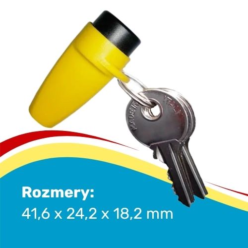 Pomôčka Mini-Click sa dá zavesir na kľúče.Jej rozmery sú 41,6 x 24,2 x 18,2 mm, farba žltá.
