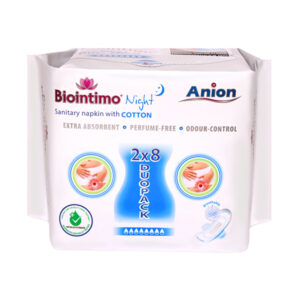 BioIntimo Anion nočné hygienické vložky 16 ks, bez parfumácie, s kontrolou zápachu, určené na nočné použitie.