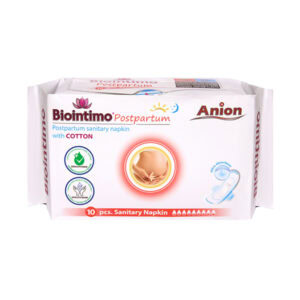 BioIntimo Anion popôrodné vložky, 10 kusov v balení, v bielom obale s logami a ilustráciou tehotenského bruška.