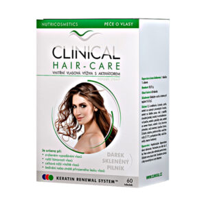 Krabička Clinical HAIR-CARE + darček sklenený pilník, 60 kapsúl, žena s dlhými vlasmi, produktové informácie, text v češtine.