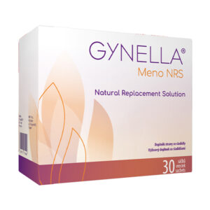 Biela a fialová škatuľa s označením GYNELLA Meno NRS prášok na prípravu nápoja, obsahuje 30 vreciek.