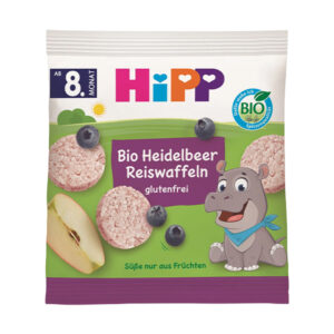 Na obale HiPP BIO čučoriedkových ryžových oblátok (30g) je kreslený hroch, plátok jablka a čučoriedky. Bez lepidla.