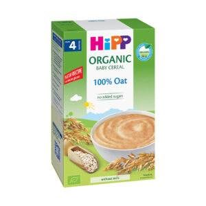 200g balenie HiPP BIO 100% ovsenej nemliečnej kaše s lepkom od 4 mesiacov, bez mlieka, obal zobrazuje ovos, misku a bio logá.