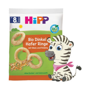 Vrecko HiPP BIO Špaldové-ovsené prstienky 7m+, 30g, na obale tri obilné prstienky a kreslená zebra vpravo dole.