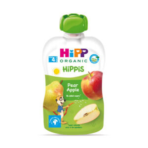 Vrecko HiPP HiPPis BIO Hruška Jablko (4m+) ovocný príkrm 100g s hruškou, jablkom a kreslenou myšou na obale.