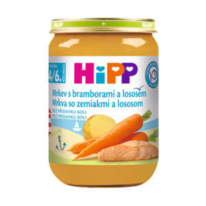 190g pohár HiPP Príkrm Mrkva so zemiakmi a lososom pre deti po 4-6 mesiacoch, na etikete je mrkva, zemiak a losos.