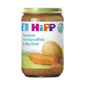 Pohár HiPP Príkrm BIO Zemiaky, zelenina a hovädzie mäso 8m+, 220g, s obrázkami zemiakov, zeleniny a hovädzieho mäsa.