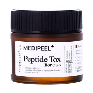 Hnedá nádoba s označením MEDI-PEEL Bor-Tox peptidový krém 50ml a bielou etiketou s informáciami o peptidoch, kolagéne a elastíne.
