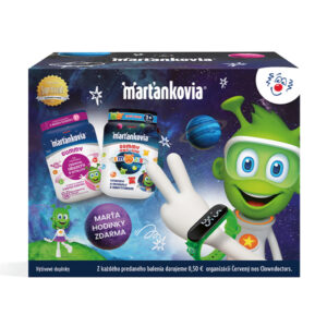 Farebné balenie Marťankovia GUMMY s Bazou čiernou 50tbl, Emojis 50tbl, Marťahodinky, zelený maskot mimozemšťana, priestorové motívy.