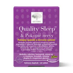 Fialové balenie NEW NORDIC Quality Sleep & Pokojné nervy 60 tabliet, slovenský text a obrázky listov na obale.