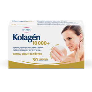 Balenie STADA Kolagén 10 000+, 30 vrecúšok, s vyobrazením ženy, ktorá sa dotýka tváre; informácia o kolagéne a počte vrecúšok.