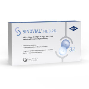 Balenie Sinovial HL 3,2 % intraartikulárny roztok kyseliny hyalurónovej 1 ml, s údajmi o produkte, dávkovaní a značke na prednej strane.