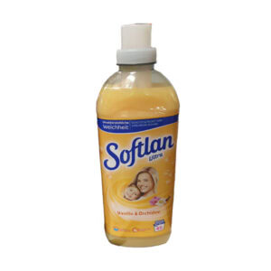1L fľaša aviváže Softlan Ultra Žltá s vôňou vanilky a orchidey, žltý štítok, biely uzáver.