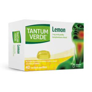 TANTUM VERDE Lemon 3 mg, 40 tvrdých pastiliek; balenie zobrazuje hrdlo a informuje o obsahu benzydamíniumchloridu.