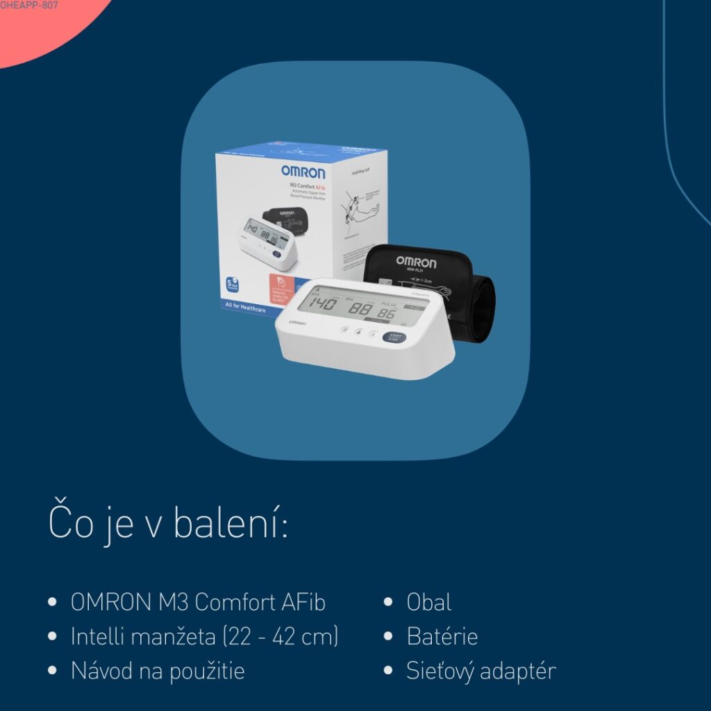 OMRON M3 Comfort AFib tlakomer na rameno s manžetou, návodom, krabicou, batériami a adaptérom. Text v slovenčine opisuje obsah.