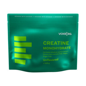 Zelené balenie VOXBERG CREATINE MONOHYDRATE Creapure 500 g, bez príchute, označené ako bez lepku, laktózy, cukru a vegánske.