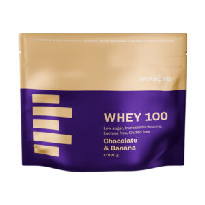 990g balenie VOXBERG WHEY 100 Proteín Chocolate & Banana má nízky obsah cukru, vyšší obsah L-leucínu, bez laktózy a lepku.