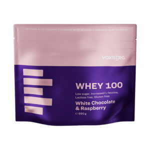 Uzatvárateľné 990g balenie VOXBERG WHEY 100 Proteín White Chocolate & Raspberry s fialovo-ružovým dizajnom.