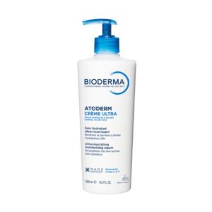 Fľaša Bioderma Atoderm Crème Ultra 500 ml s modrou pumpičkou, označená ako hydratačný krém na veľmi suchú pokožku.