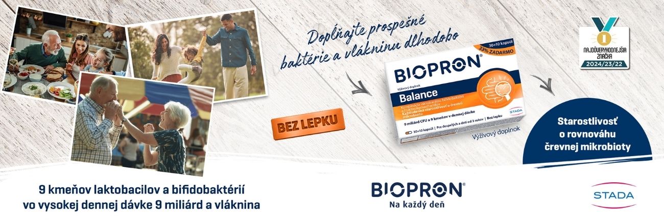 Slovenská reklama na Biopron Balance probiotická zobrazujúca ľudí pri jedle, balenie produktu a text o zložení a neprítomnosti lepku.
