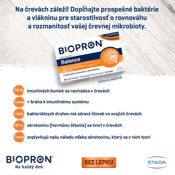 Škatuľka doplnku Biopron Balance  a text popisujúci obsah 9 kmeňov a vlákninu, aký majú tieto probiotiká a prebiotiká význam pre celkové zdravie