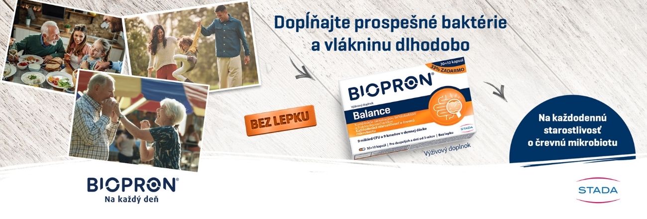 Koláž ľudí pri vonkajších aktivitách a jedlách, s krabičkou Biopron Balance a slovenským textom o trávení a vláknine.