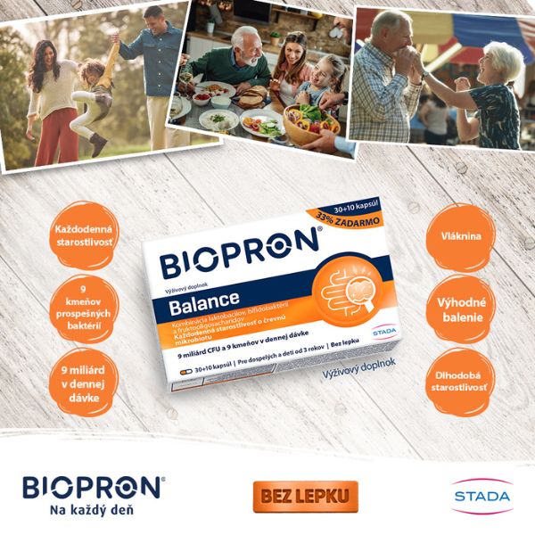 Krabička doplnku Biopron Balance a slovenský text popisujúci výhody výživového doplnku od značky Biopron