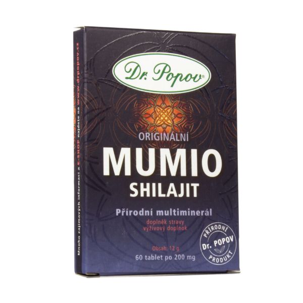 Dr. Popov MUMIO 60 tabliet Krabička Dr. Popov Original Mumio Shilajit prírodného multiminerálneho doplnku stravy obsahujúca 60 tabliet.