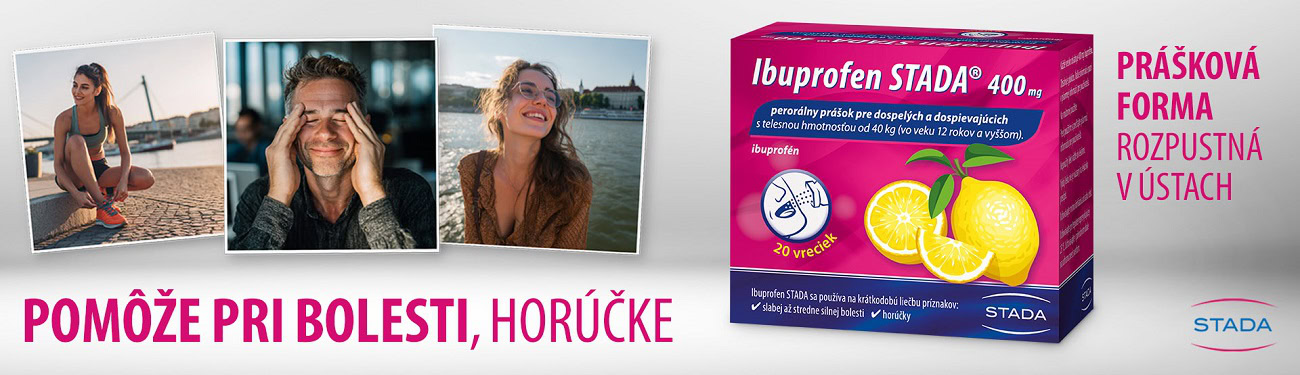 Krabička Ibuprofenu STADA 400 mg, citrónová príchuť, rozpustný prášok, obrázky mladých dospelých, text v slovenčine o úľave od bolesti a horúčky.