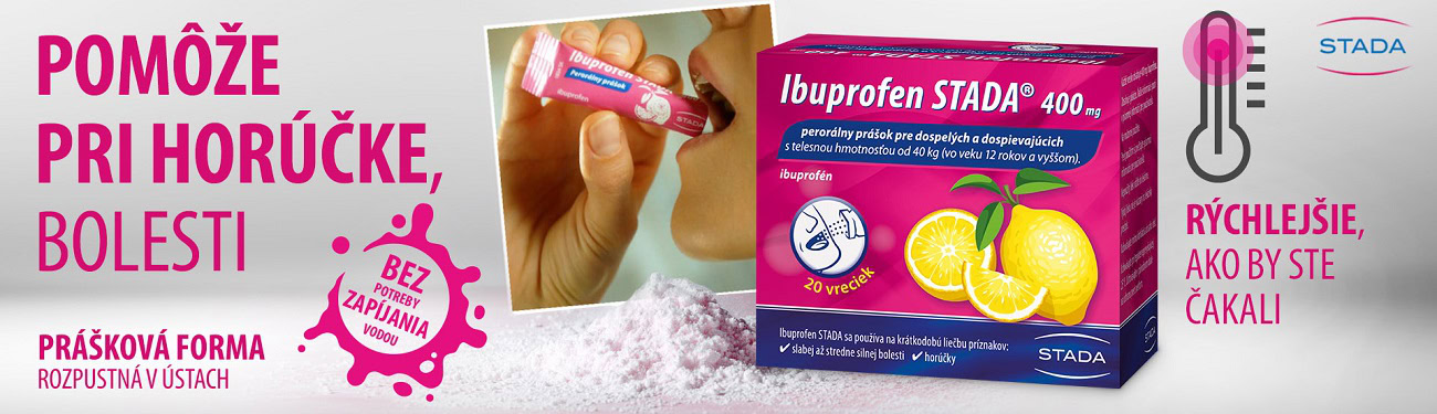 Balenie Ibuprofenu STADA 400 mg citrónovej príchute, prášok sa sype von, slovenský text o úľave od bolesti a horúčky.
