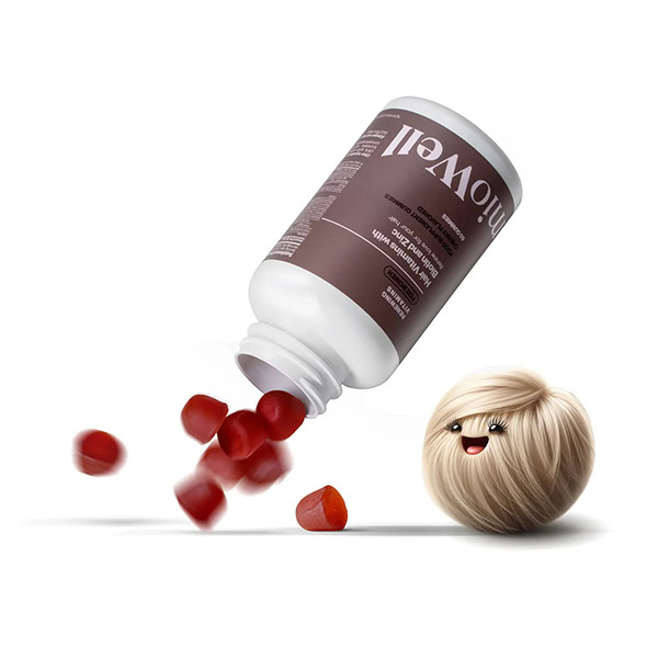 mioWell RENEWING vitamíny pre vlasy s biotínom a zinkom, pre ženy 60 gumíkov_2 Biela fľaša mioWell RENEWING vitamíny pre vlasy s biotínom a zinkom, pre ženy, 60 gumíkov, vedľa červené želé a postavička.