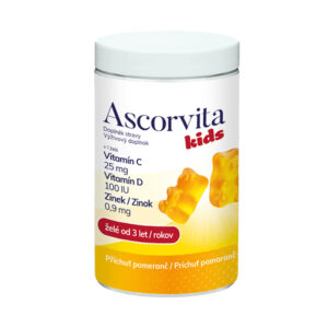 Ascorvita Kids pomaranč, 60 želé medvedíkov, vitamínové gummies pre deti od 3 rokov s dvoma medvedíkmi na obale.